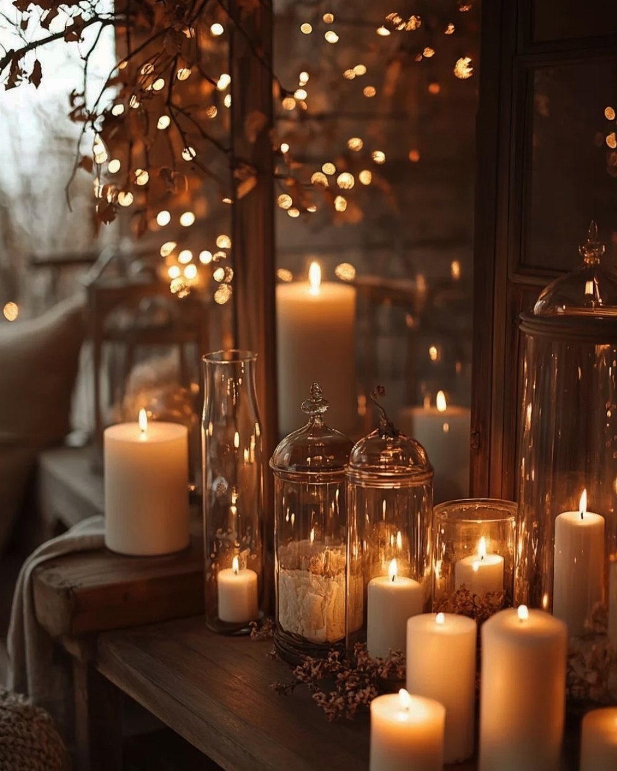 White pillar candles in glass jars on a wooden table with warm background lights.