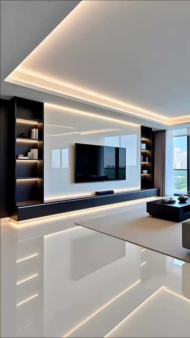 Modern living room with warm LED accent lighting in the ceiling and shelving.