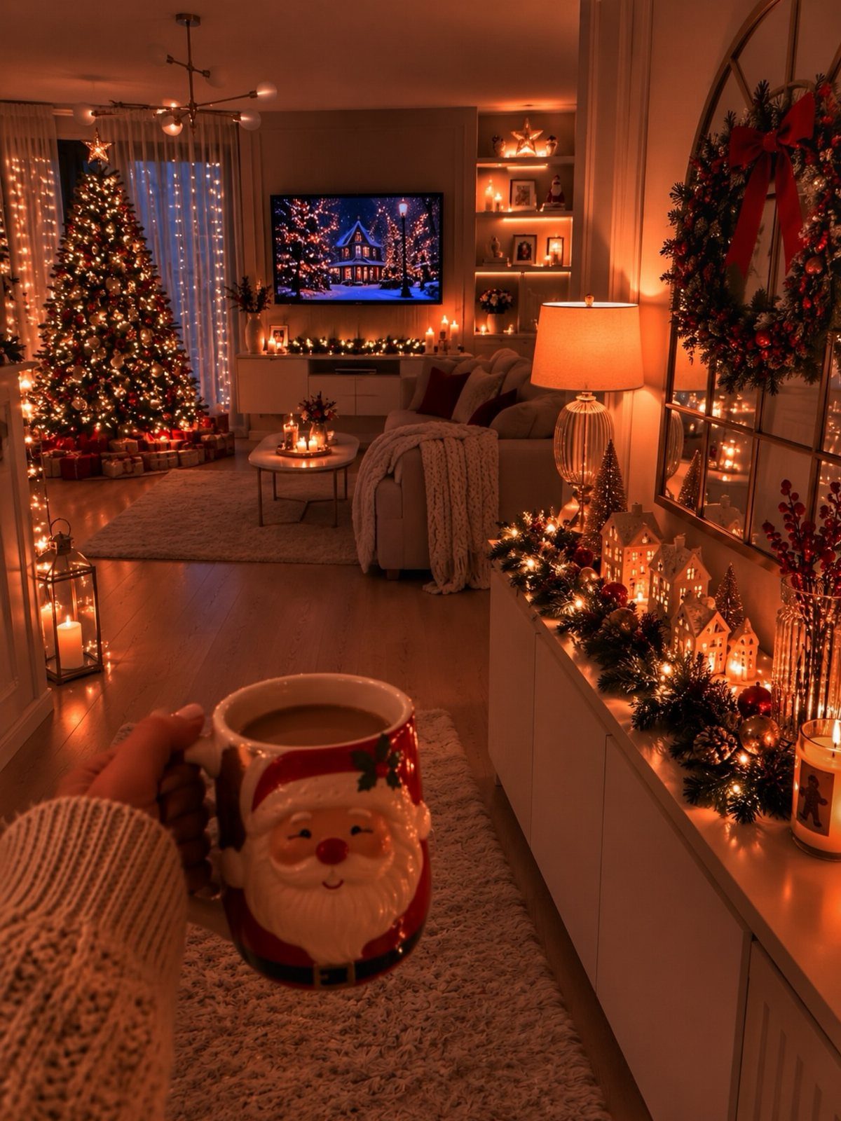 Cozy living room with a Christmas tree and warm string lights on a cabinet.