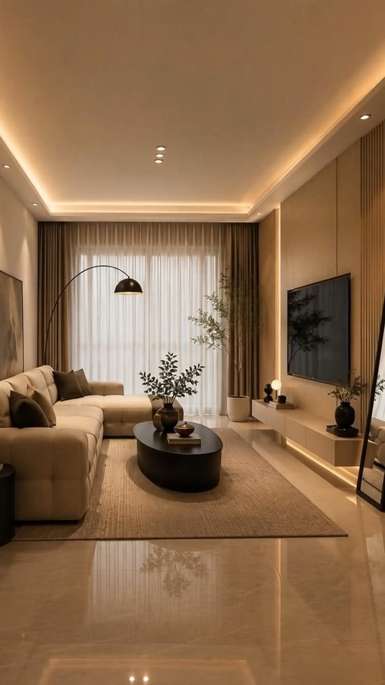 Beige fabric sofa and tan rug in a living room with warm lighting.