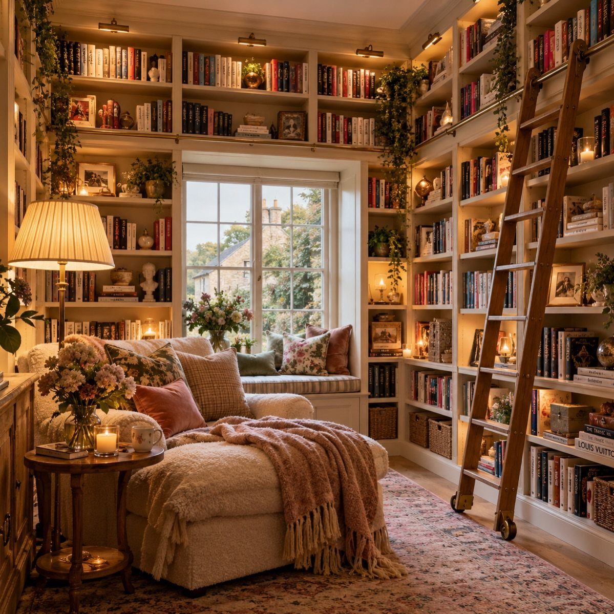 Cream chaise lounge and bookshelves creating a cozy reading nook in a living room.