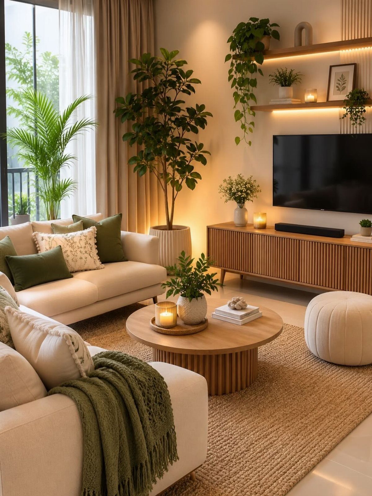 Cream living room with white sofas, wooden coffee table, and green accent pillows.