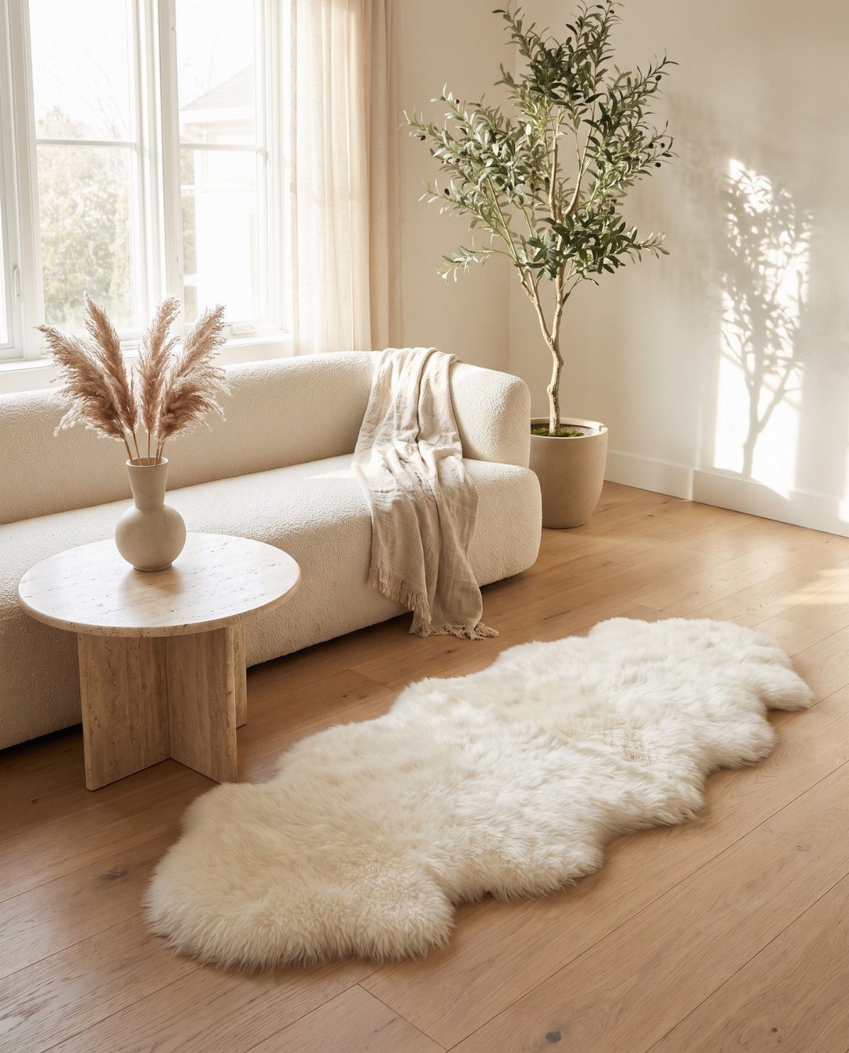 White bouclé sofa with a beige throw and a white faux-fur rug.
