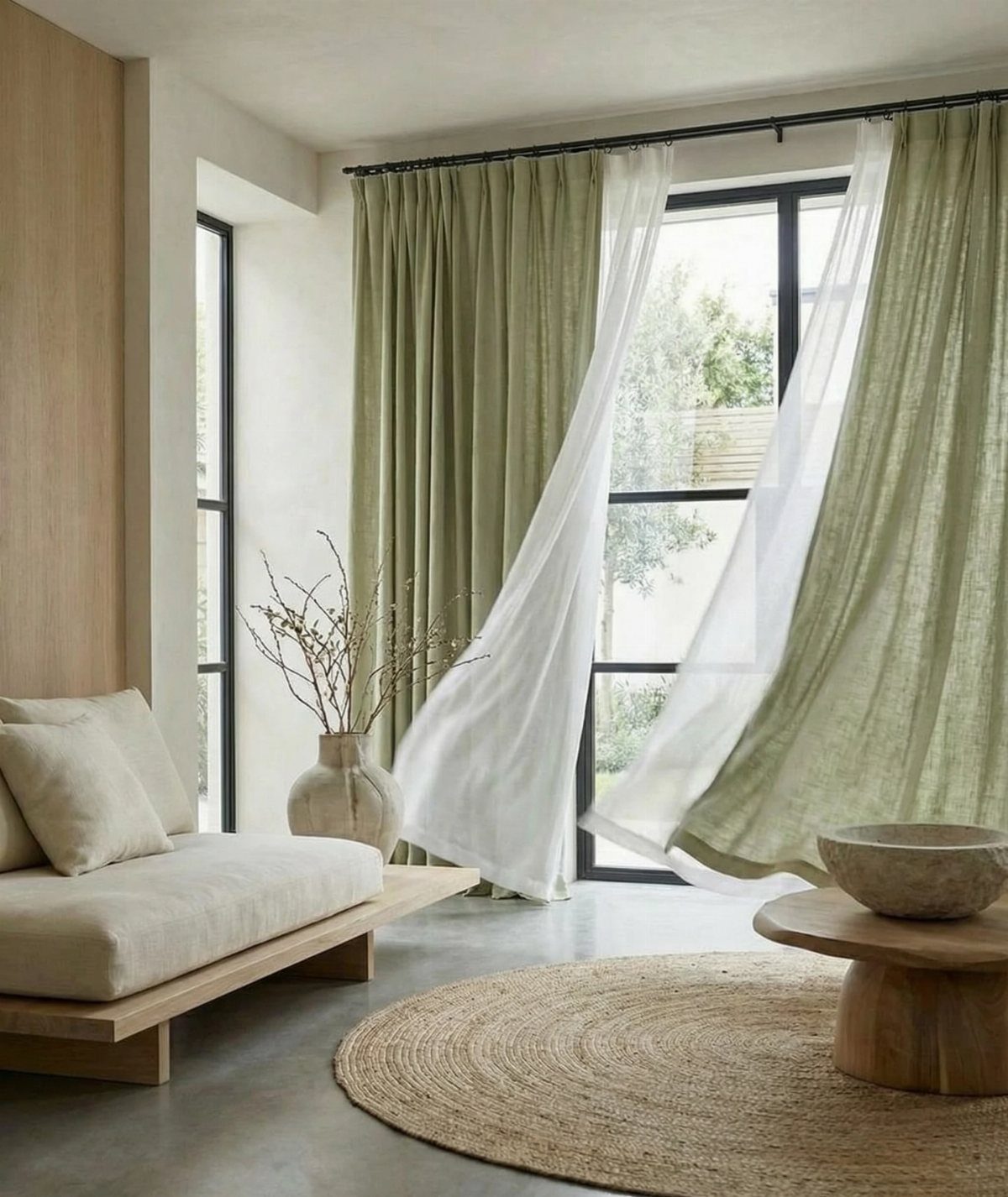 Living room with green and white linen curtains, jute rug, and wooden furniture.